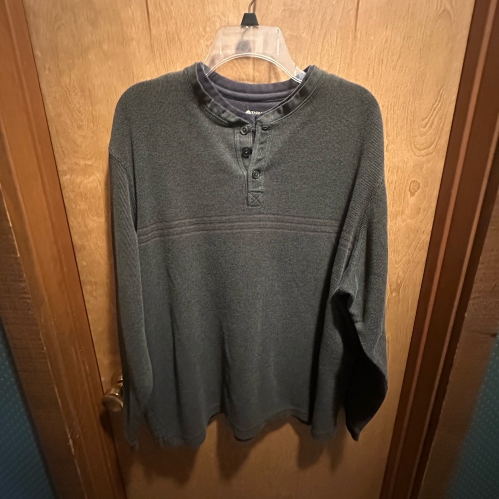 Haggar Men's Size XXL Green Beige Stripe Long Sleeve Pullover Henley Sweater